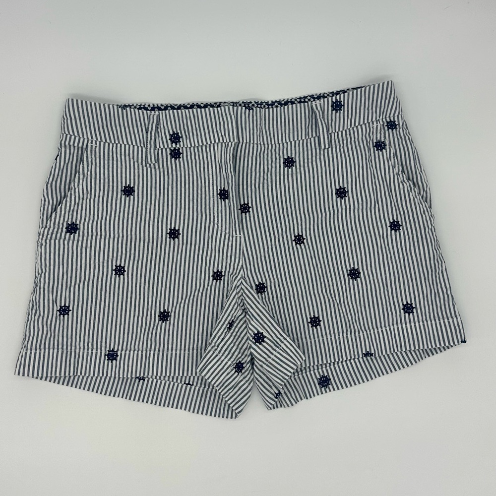 British Khaki Nautical Shorts Navy and White Stripes with Ship Wheel